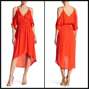 ASTR Bright Orange Cold-Shoulder V-Neck High-Low Midi Dress